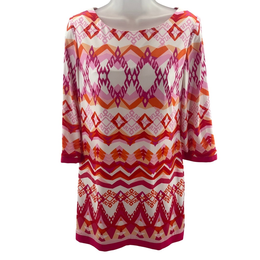 Eliza J Women‎ Pink Orange Geometric 3/4 Sleeve Shift Dress Size 6P